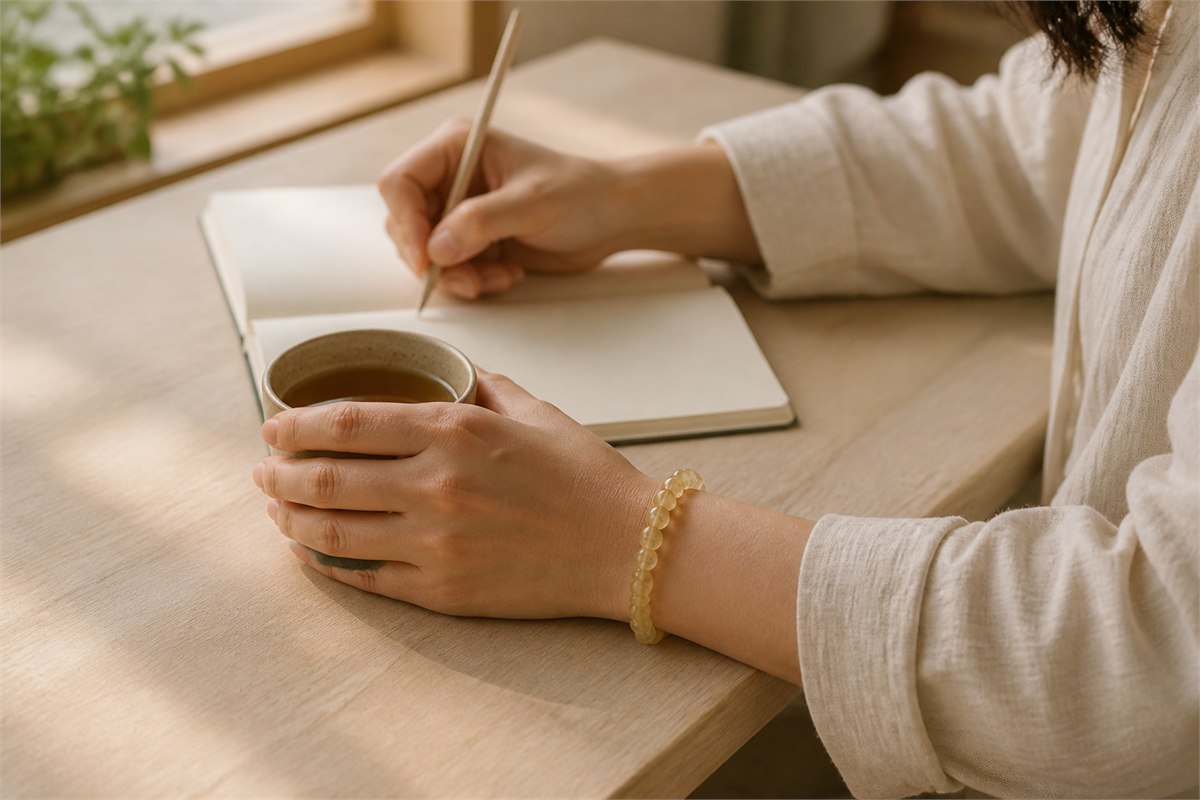 Person wearing a small honey-yellow bead bracelet while writing beside a cup of tea