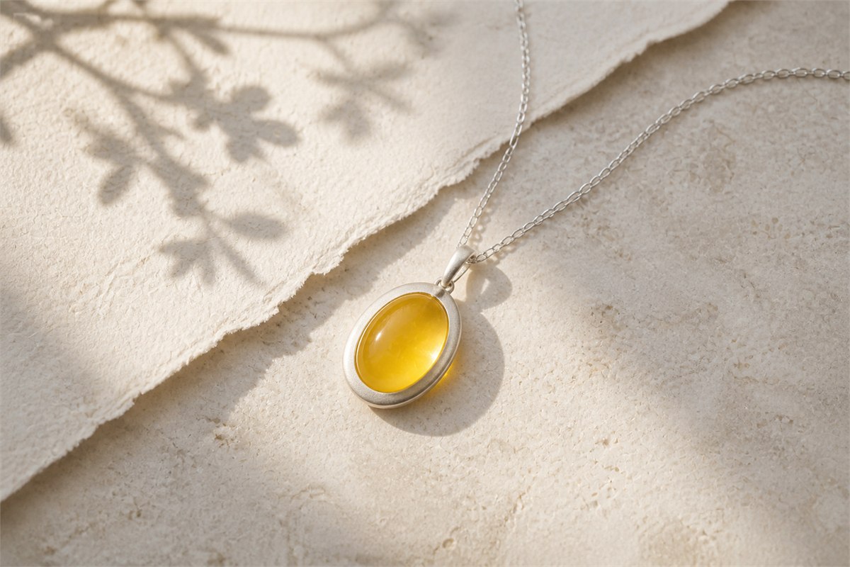 Oval honey-yellow cabochon pendant in a silver bezel on warm ivory linen