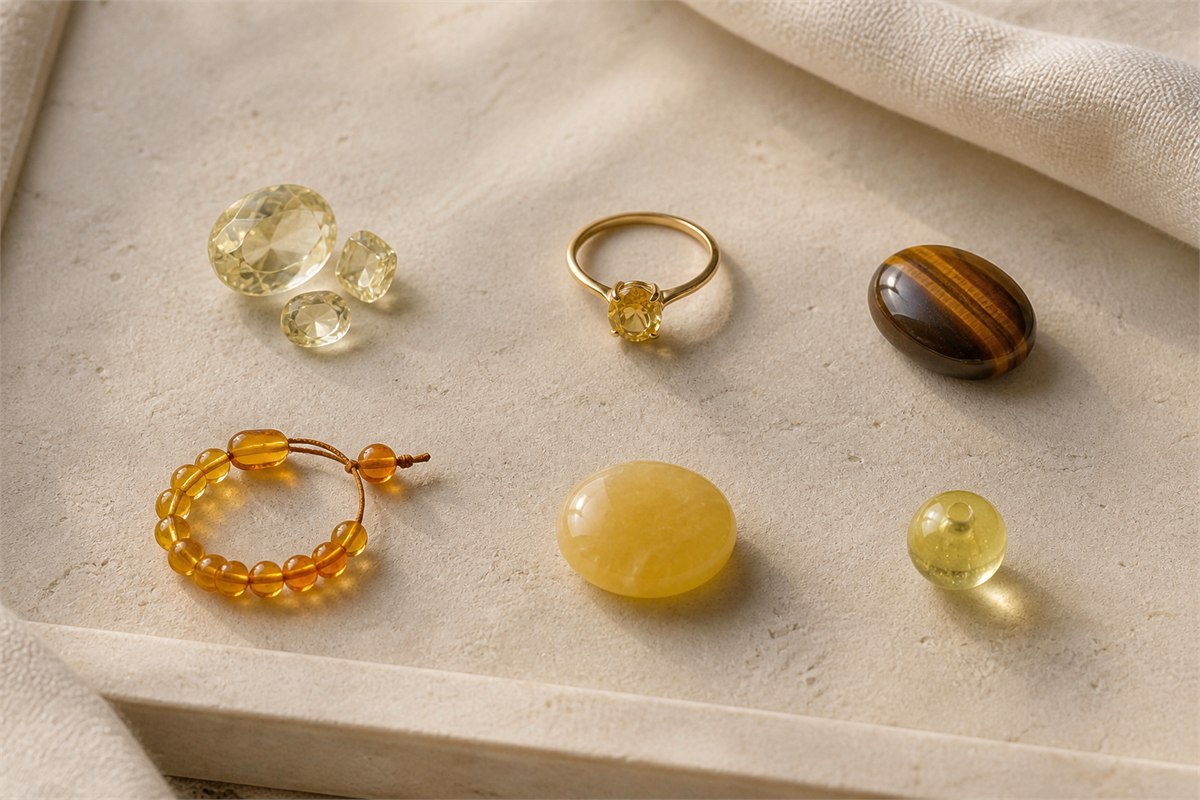 Assorted yellow jewelry materials including faceted stones, tiger's eye, amber, calcite, and glass beads