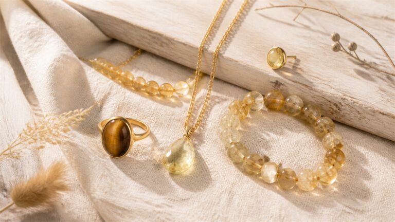 Warm still life of pale yellow quartz, tiger's eye, amber-toned beads, included quartz bracelet, and yellow earring