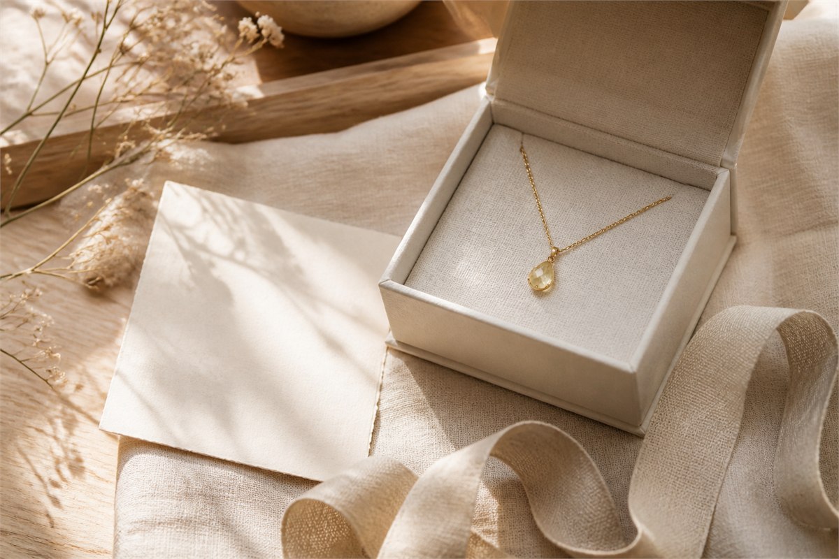 Pale yellow pendant in an open ivory gift box beside a blank card and linen ribbon