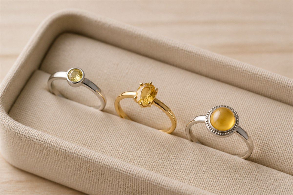 Three yellow gemstone rings in bezel, prong, and halo-style settings on pale linen