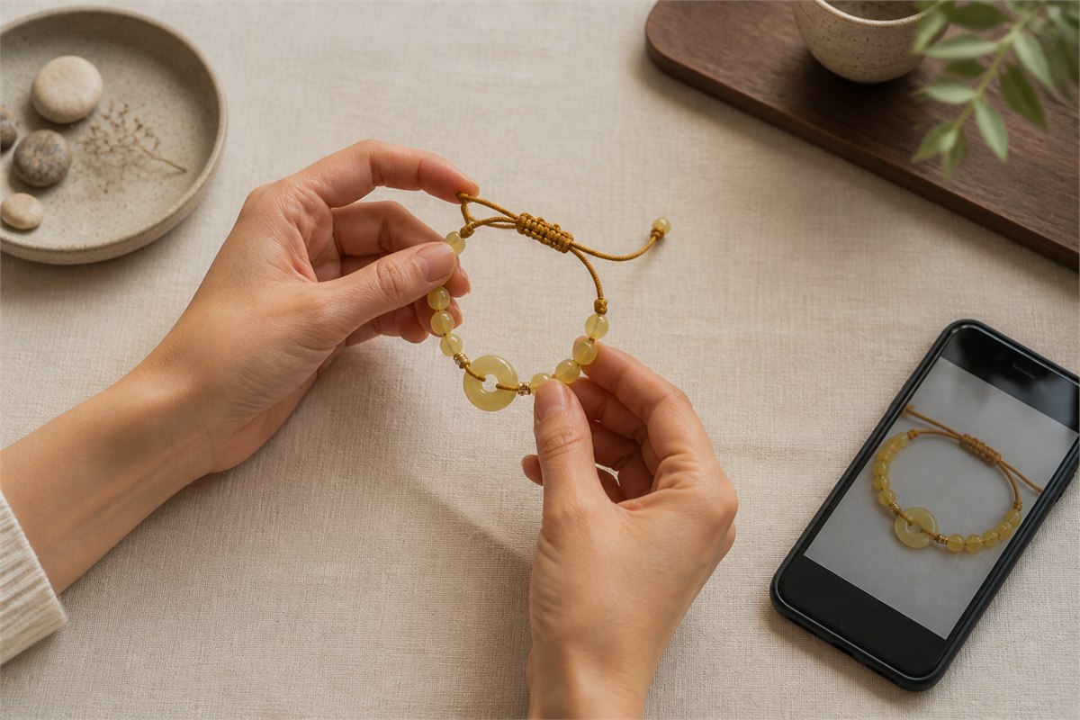 Hands examining a yellow bead bracelet's cord, holes, and adjustable knot beside a phone image