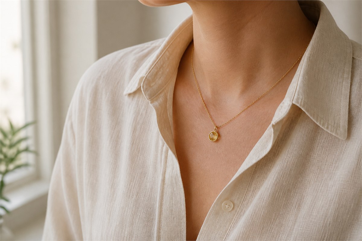 Person wearing a small pale yellow faceted pendant with a neutral linen top in natural light