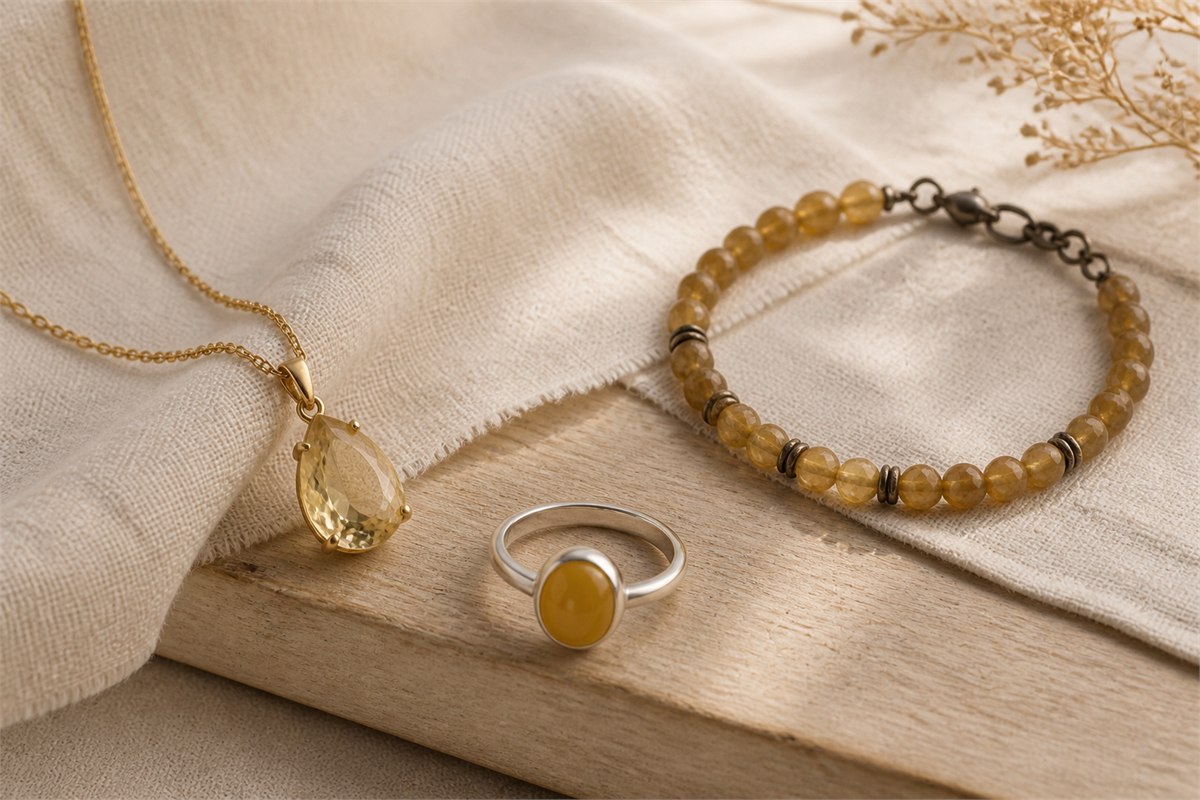 Pale yellow pendant in gold, honey cabochon ring in silver, and golden bead bracelet with dark metal accents
