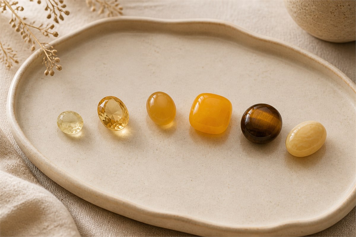 Six yellow and golden jewelry stones in lemon, honey, cream, amber, and ochre tones