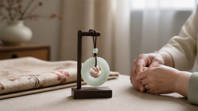 Uninscribed pale jade ring pendant on a wooden stand beside folded heritage textile and two generations of hands
