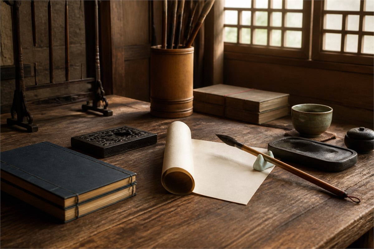 Traditional wooden study with brushes, inkstone, closed thread-bound books, and a blank scroll