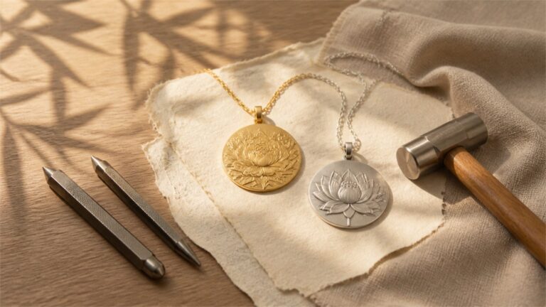 Gold and silver floral pendants with chasing punches and a small hammer on warm ivory linen