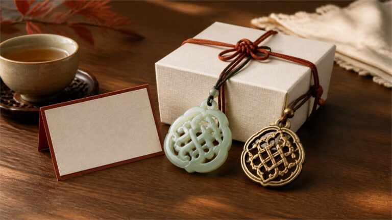 Pale green and antique brass abstract openwork pendants beside an ivory gift box, blank card, and tea