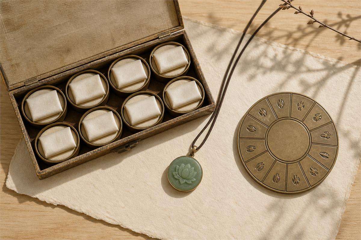 Eight covered pendant compartments beside a twelve-segment brass wheel and muted jade lotus pendant