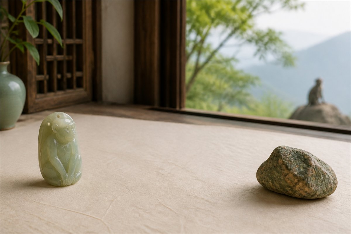 A carved jade monkey, a natural stone, and a distant monkey separated in a quiet interior