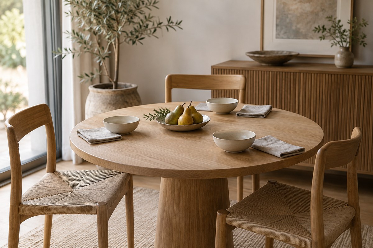 Simple ceramic bowls and folded linen arranged around a small dining table.