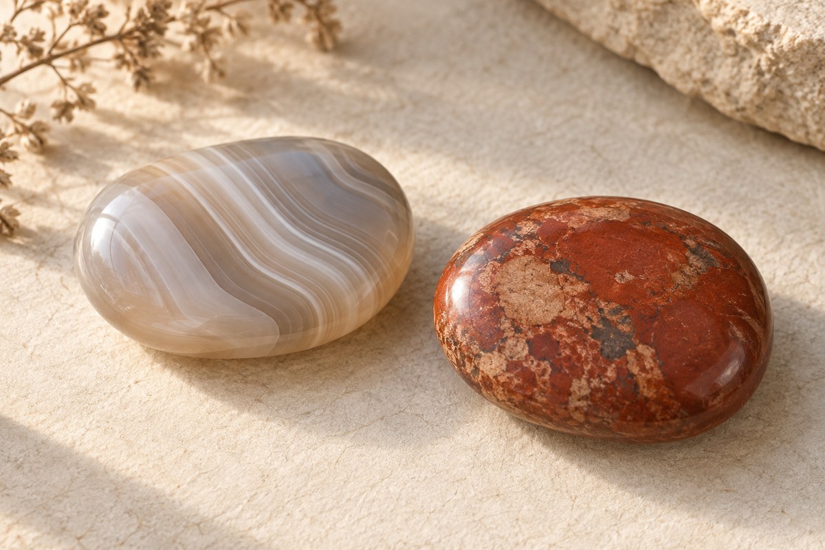 Translucent banded agate beside opaque jasper
