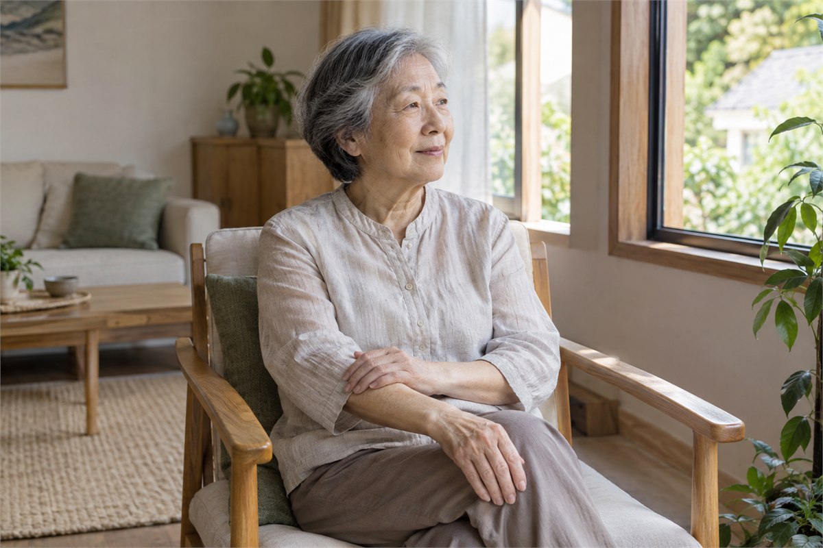 An older adult resting by a window with a hand on the opposite forearm.