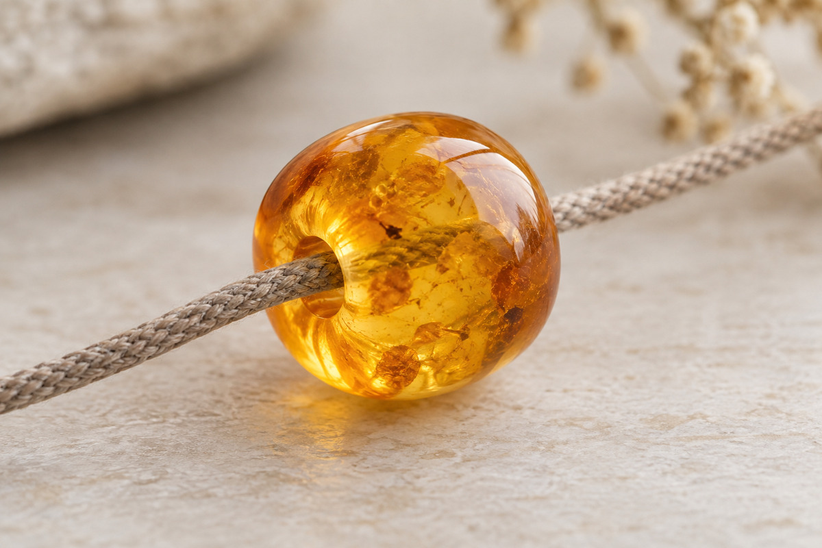 Close view of a honey-colored bead with a smooth drill-hole edge and taupe cord.