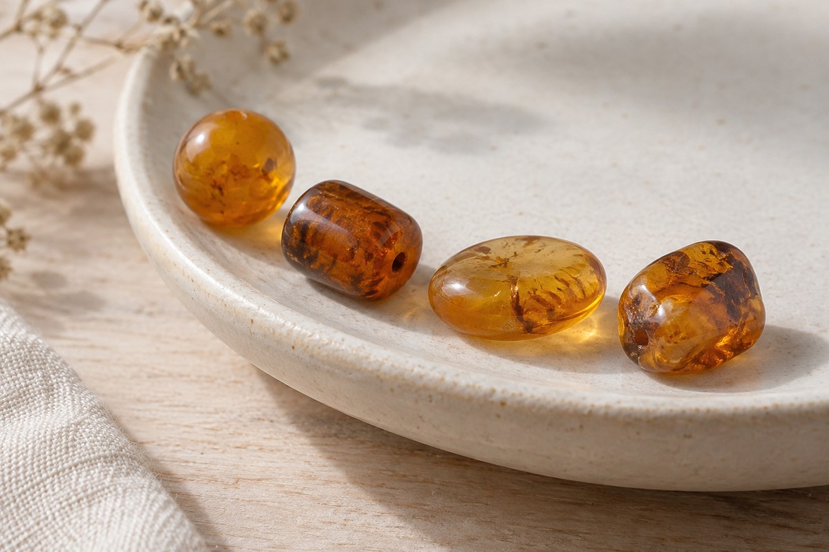 Round, barrel, flattened and irregular amber beads sit along a shallow dish.