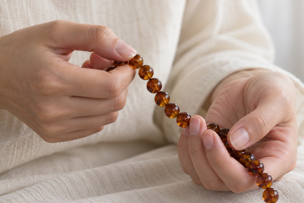 Adult hands gently hold a section of an amber bead strand.