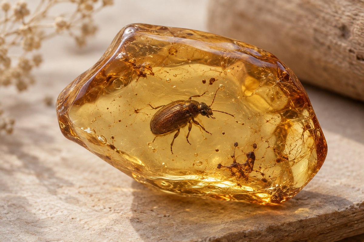 A dark beetle-shaped inclusion seen through honey-colored resin.