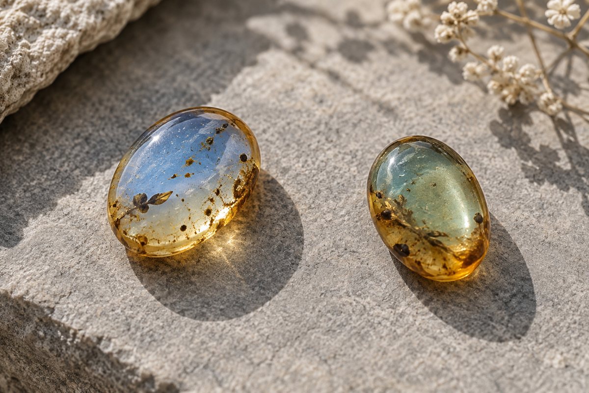 Two oval amber cabochons with muted blue and greenish-blue surface tones on grey stone.