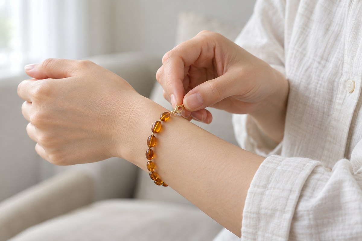 An adult gently fastens the small clasp of an amber bead bracelet.