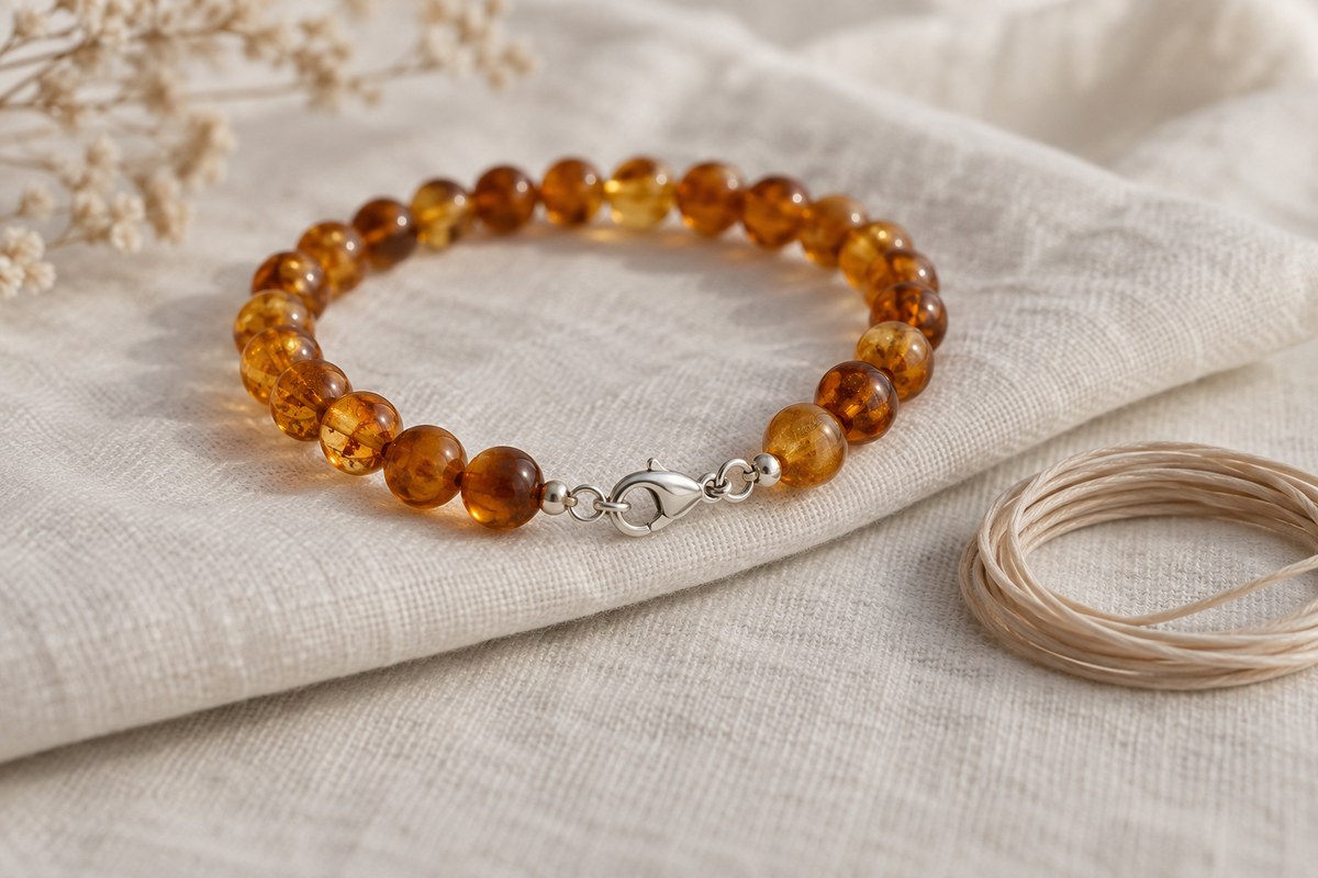 A small silver clasp closes an amber bracelet beside coiled beige cord.
