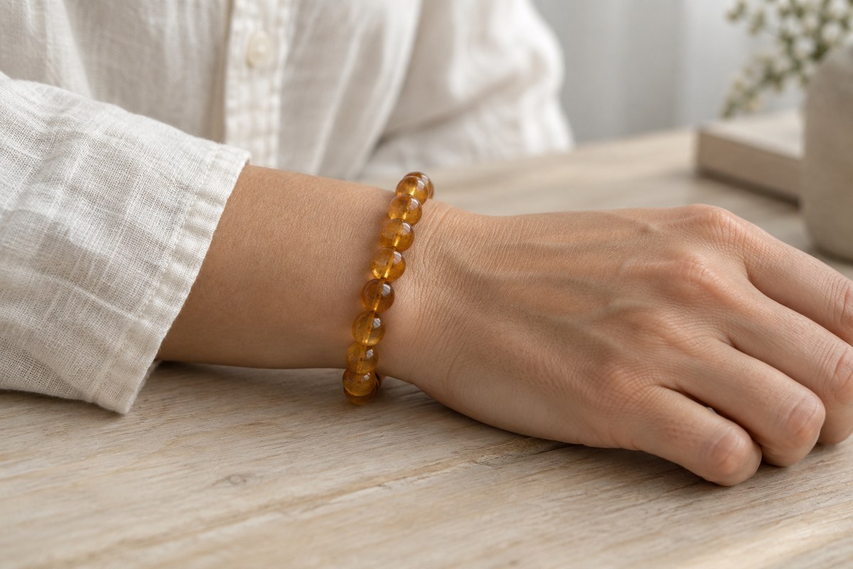 A honey-colored bead bracelet sits loosely beside an ivory shirt cuff.