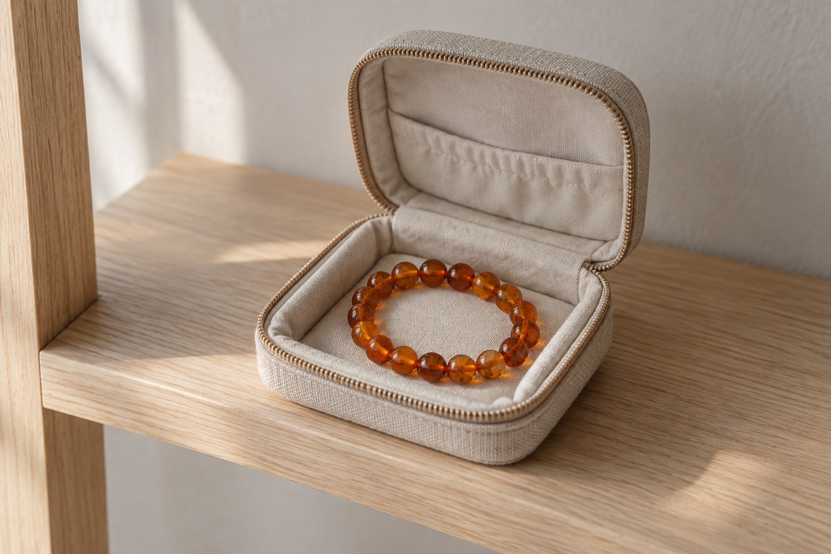 An amber bracelet rests alone in an open linen-covered padded jewelry case.