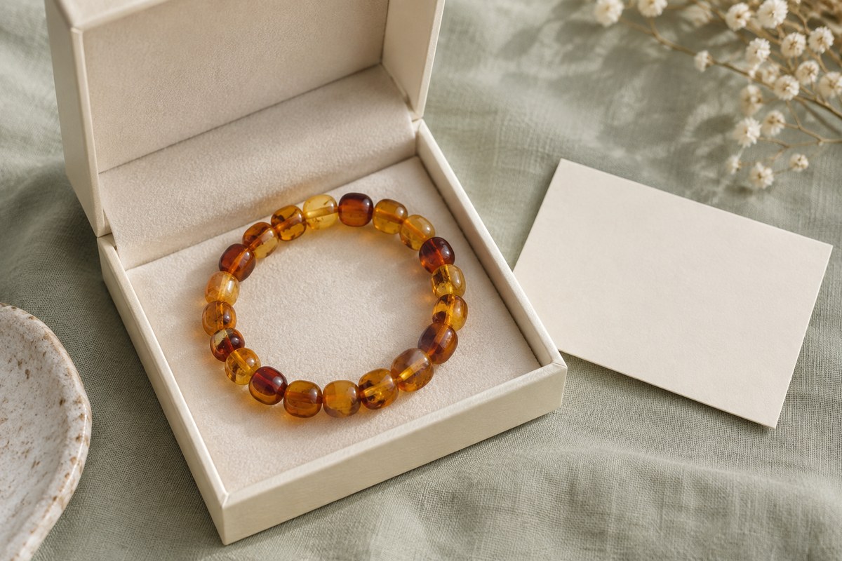 A barrel-bead bracelet rests in an ivory box beside a blank card.