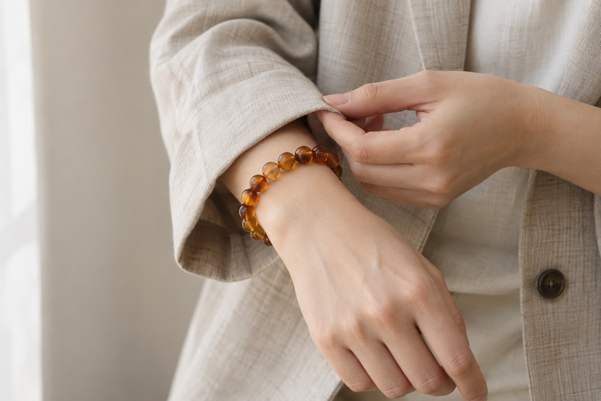 An adult lifts a loose jacket cuff above an amber bracelet.