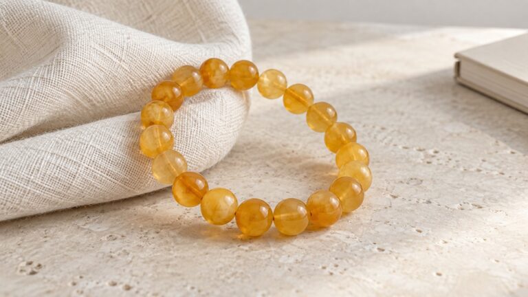A honey-colored amber bracelet rests beside folded ivory linen.