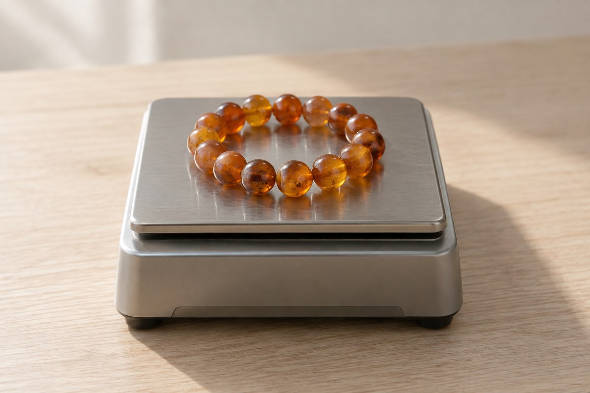 A dry amber bracelet rests on a small scale platform.