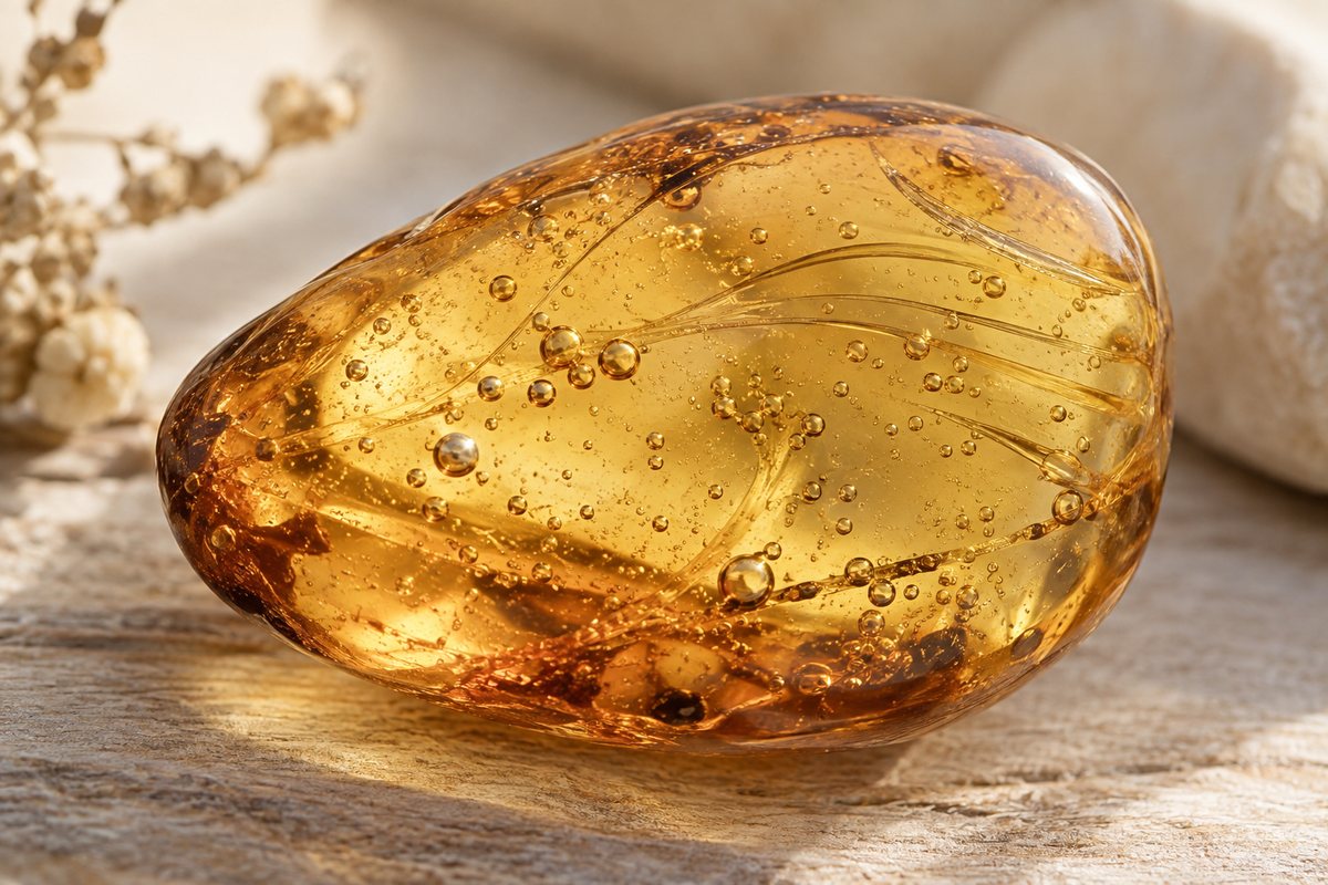 Small bubbles and curved lines inside a translucent golden amber piece.