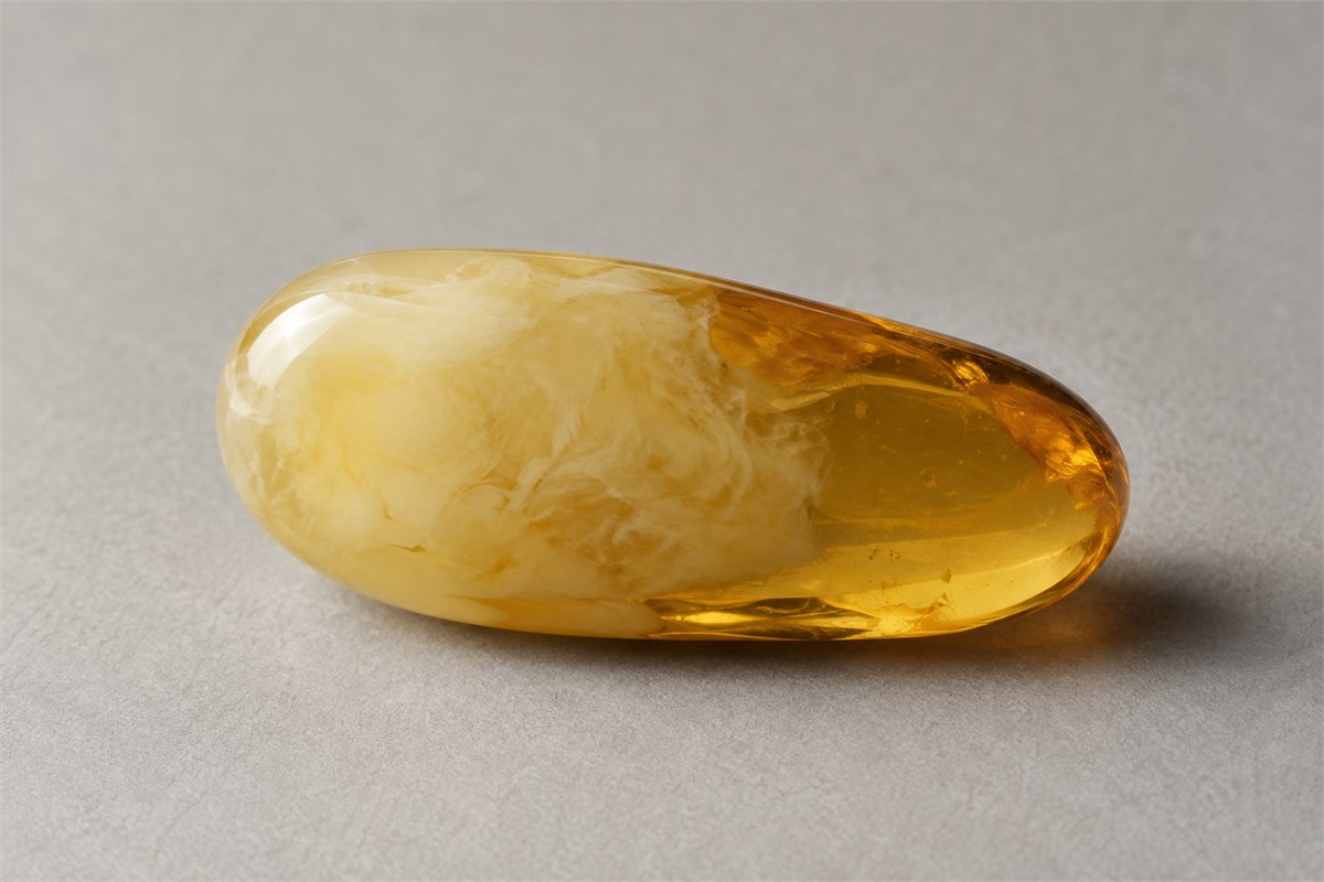 A polished resin pebble has a cloudy cream area and a translucent golden edge.