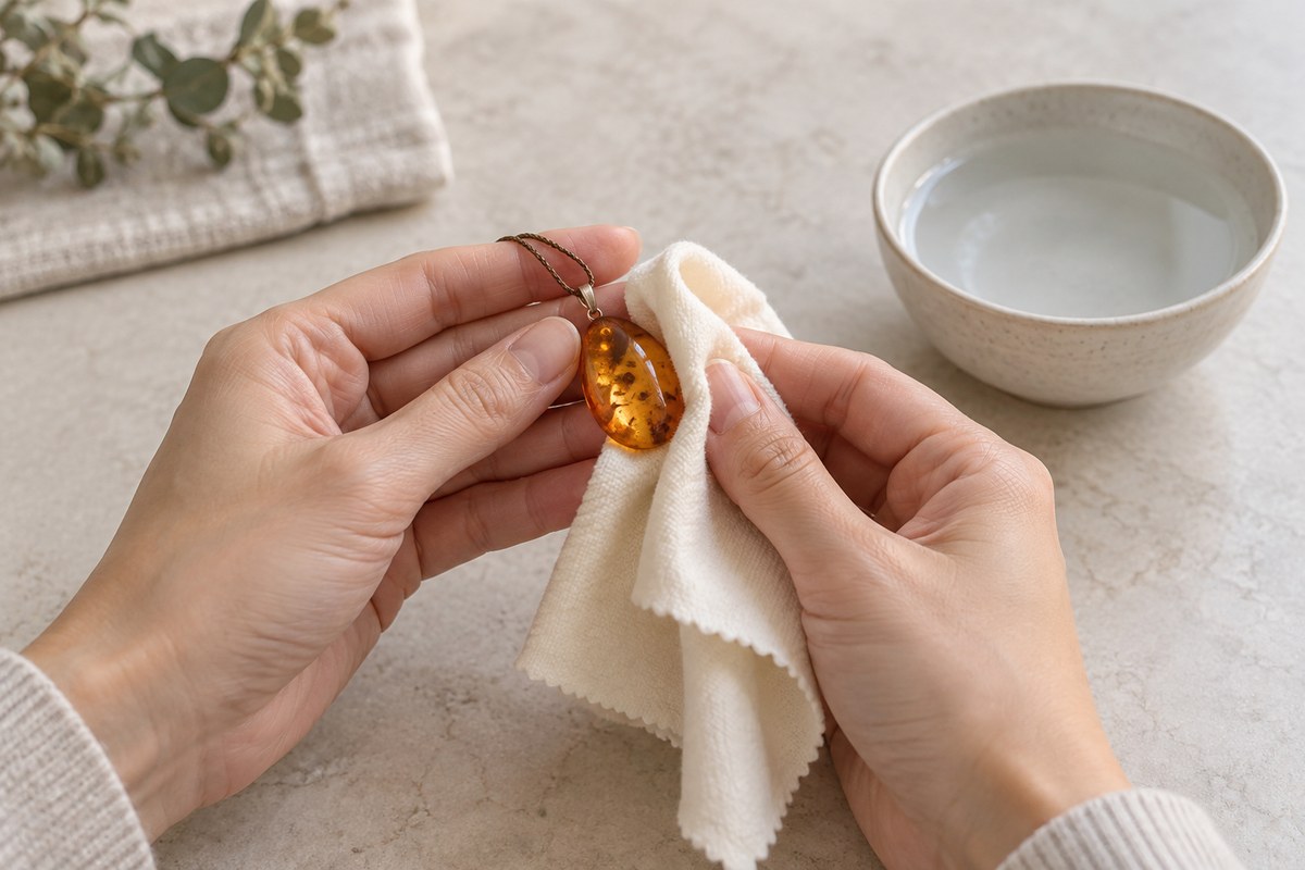Hands gently pat an amber pendant with a soft cloth beside a small bowl.
