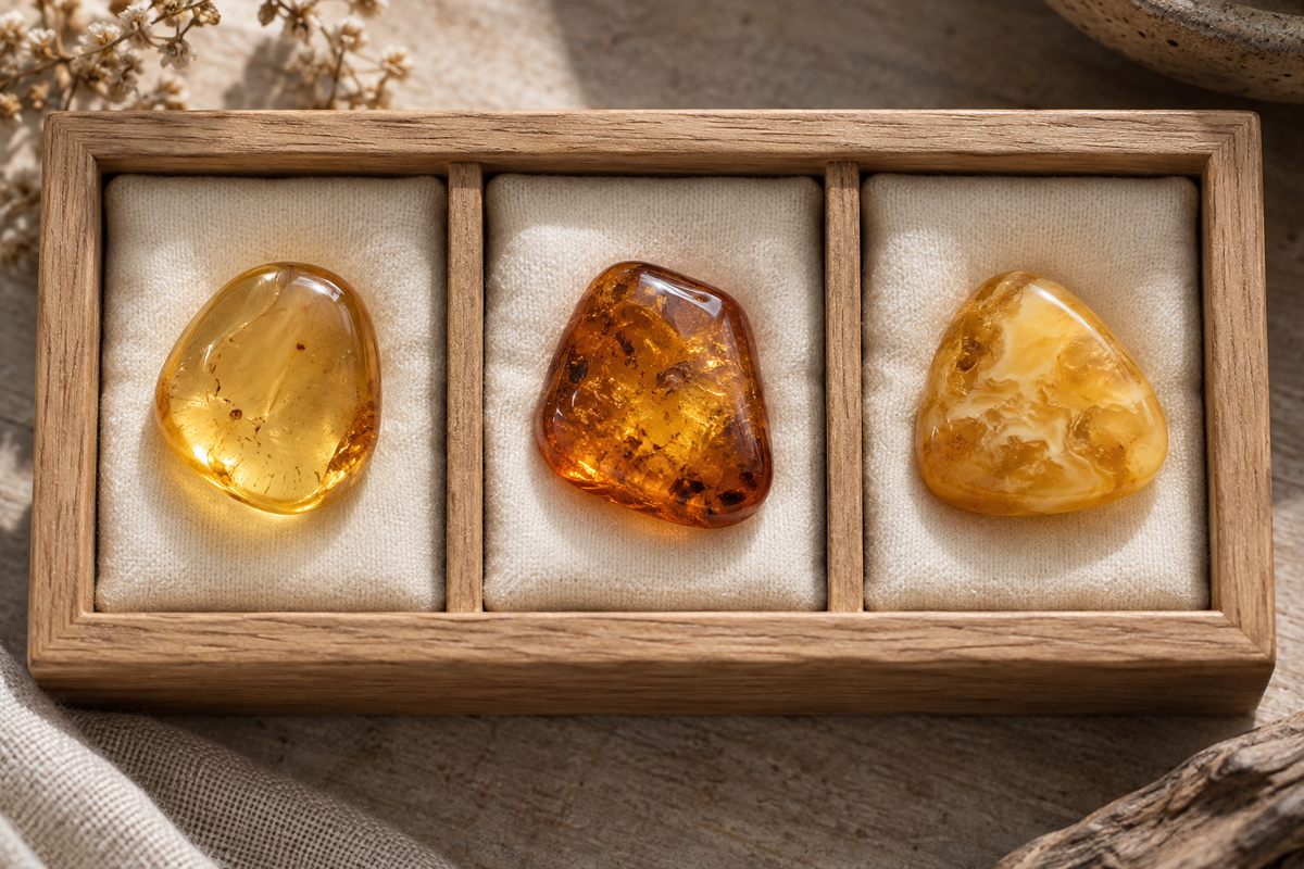 Three differently shaped amber pieces in separate cream-lined compartments.