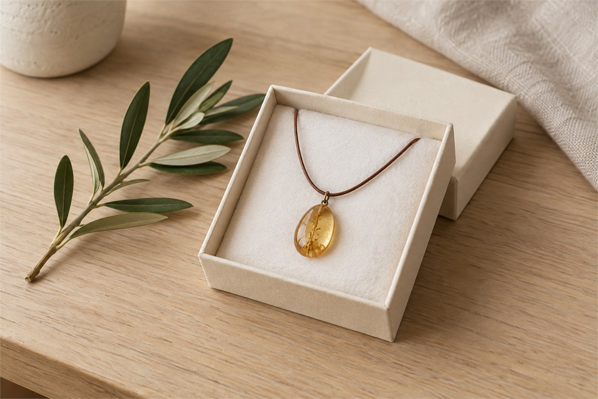 Golden pendant necklace in an open ivory gift box beside a small leafy branch.