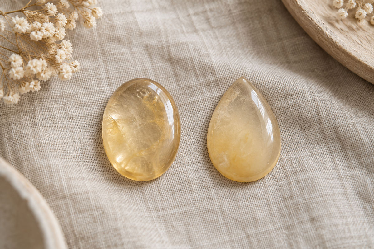 Two rounded golden resin pieces with similar color resting on a neutral linen pad.