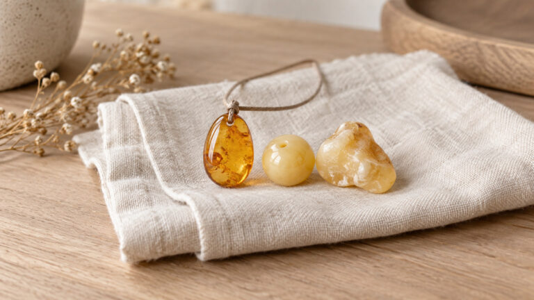 A honey-colored pendant and a cream resin bead beside an irregular pale resin piece on folded linen.