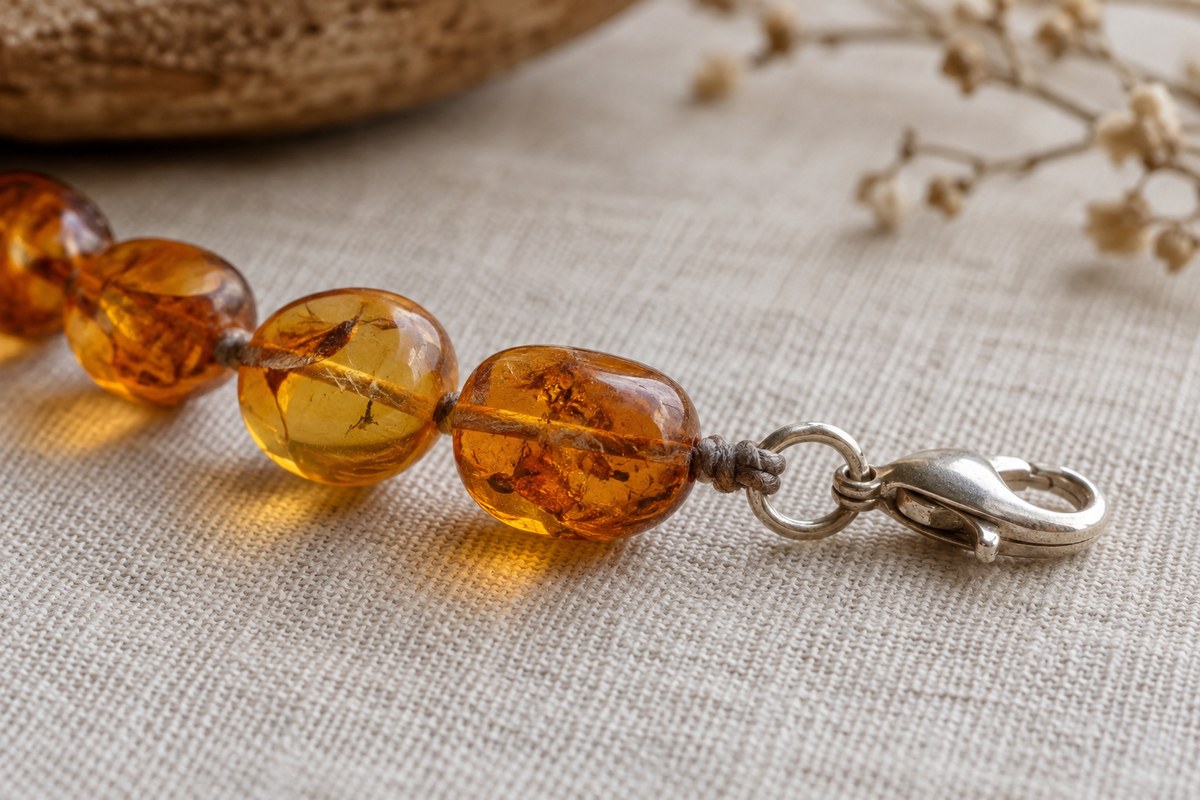 Amber beads, connecting cord, and a small clasp lie on ivory linen.