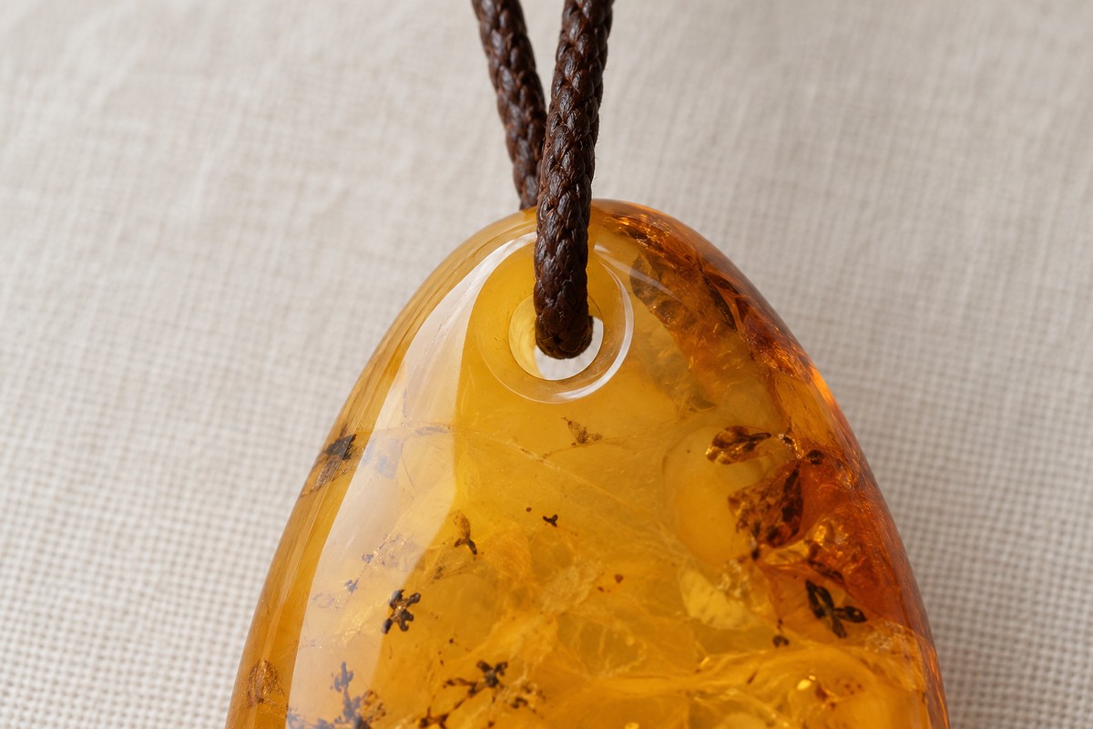 Close view of a brown cord passing through a smooth amber pendant hole
