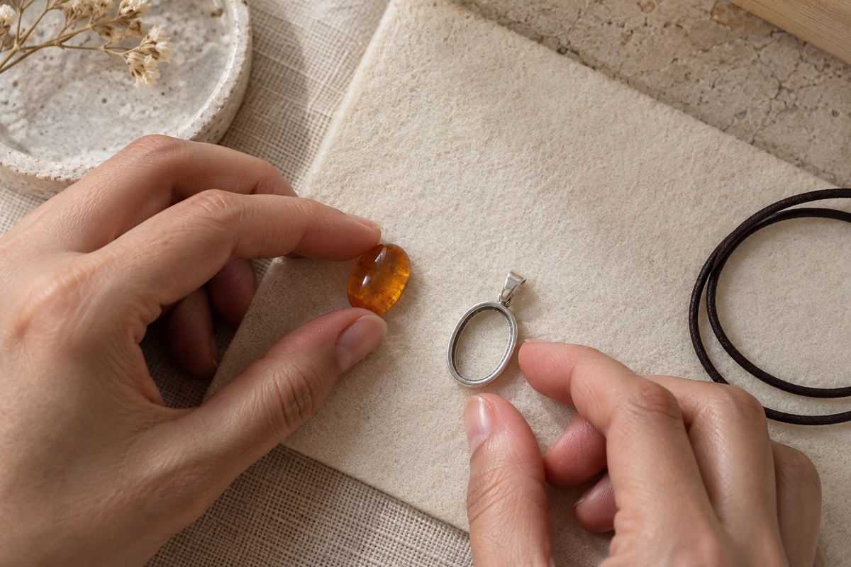 Hands hold an intact amber cabochon beside an empty silver-colored pendant setting.