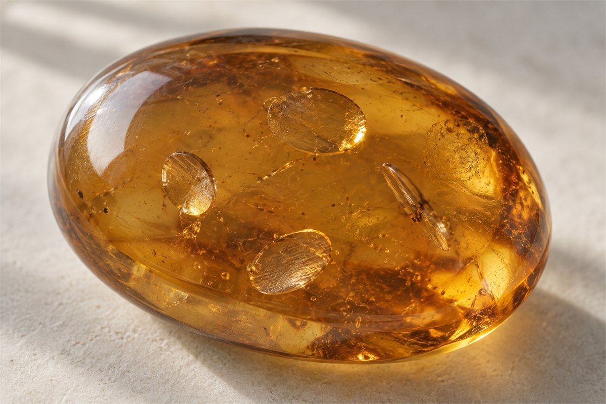 Small tilted disk-shaped reflections are visible inside a honey-colored cabochon.
