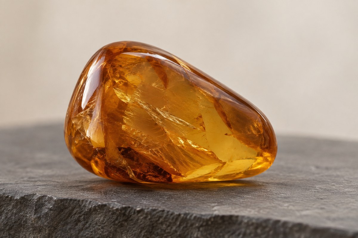 Subtle internal reflections appear within a polished honey-colored amber piece.