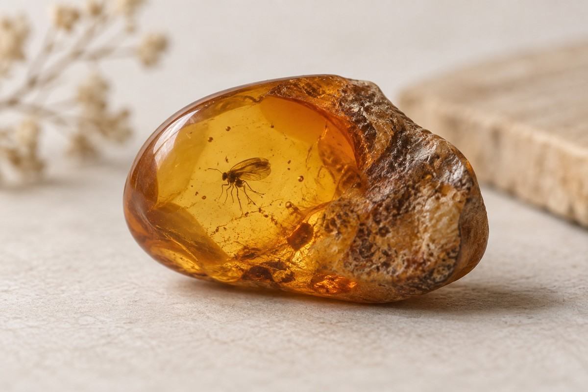 An irregular amber pebble viewed from a low angle with its polished edge visible.
