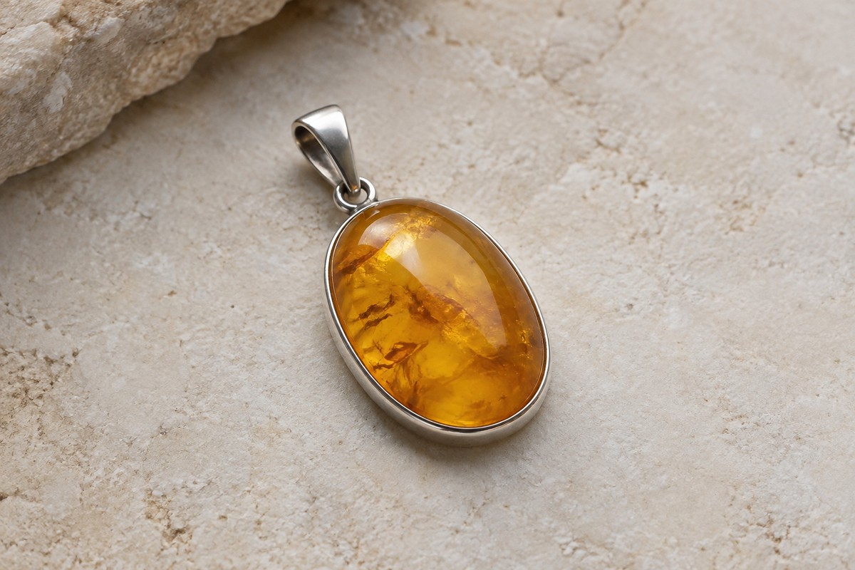 Cloudy amber oval pendant in a simple silver-colored bezel