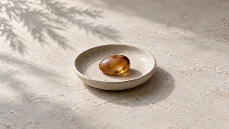 A honey-colored amber pebble in a shallow ivory dish with a soft branch shadow nearby.