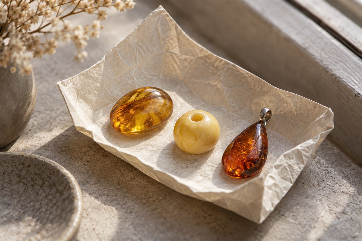A golden cabochon, a creamy bead, and a reddish pendant on folded ivory paper.