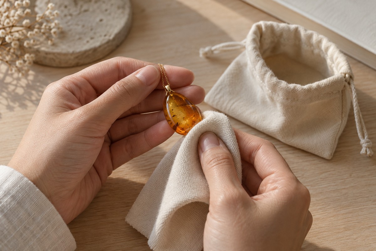 Hands gently wipe a golden amber pendant with an ivory cloth beside a soft pouch.