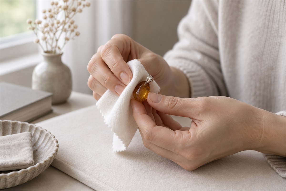 Hands support an amber-colored pendant while wiping it with a soft white cloth.